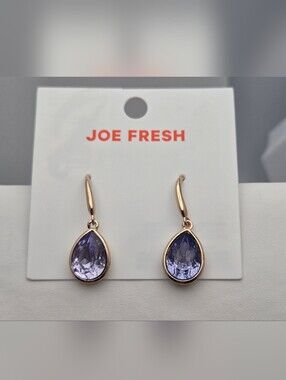 Joe Fresh Gold Tone Amethyst Teardrop Earrings Elegant Drop Dangles 1.25” New